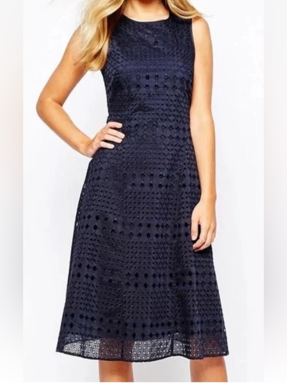 Whistles Navy Eyelet Midi Dress